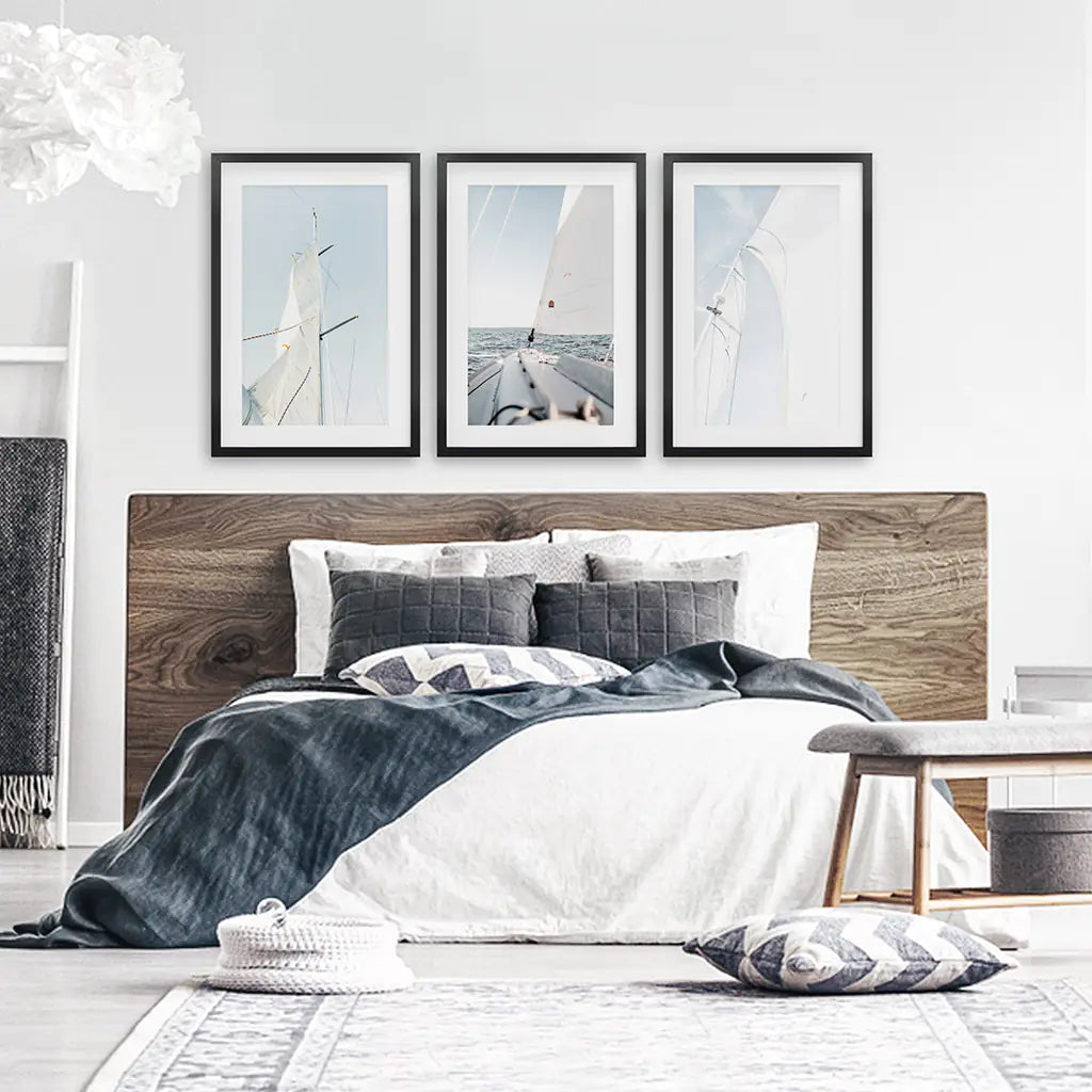 Nautical 3 Pieces Print. Sailing, Yacht. Black Frames with Mat