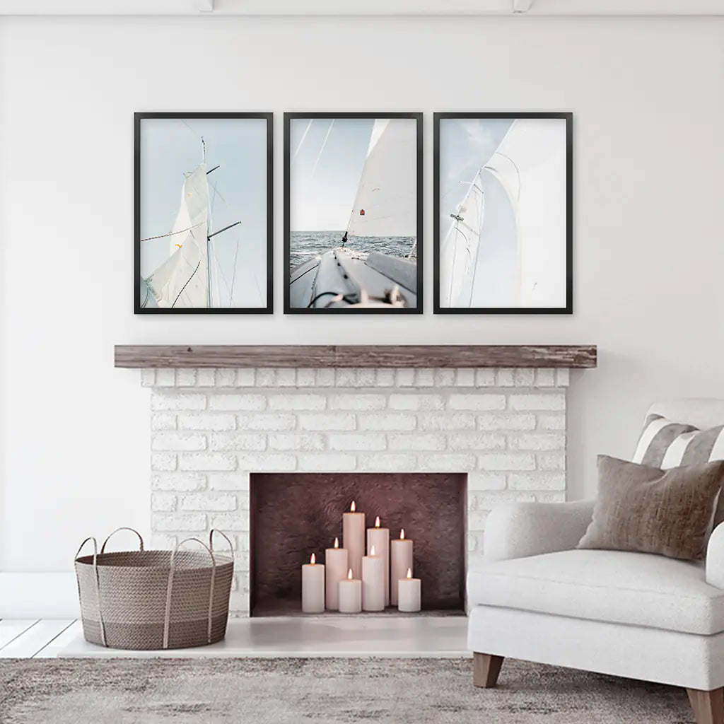 Nautical 3 Pieces Print. Sailing, Yacht. Black Frames