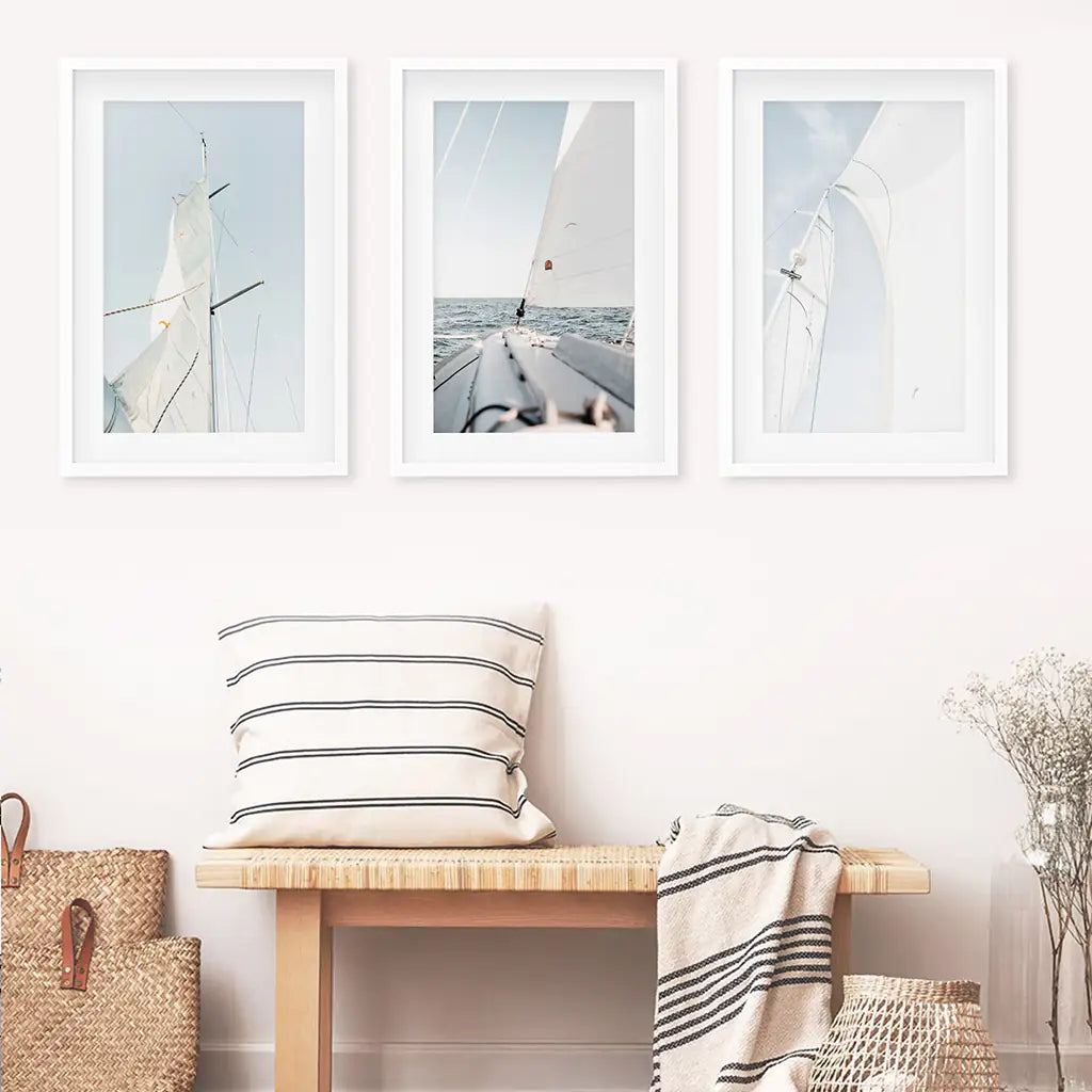 Nautical 3 Pieces Print. Sailing, Yacht. White Frames with Mat