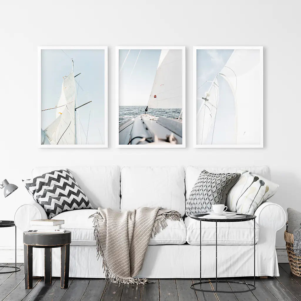 Nautical 3 Pieces Print. Sailing, Yacht. White Frames
