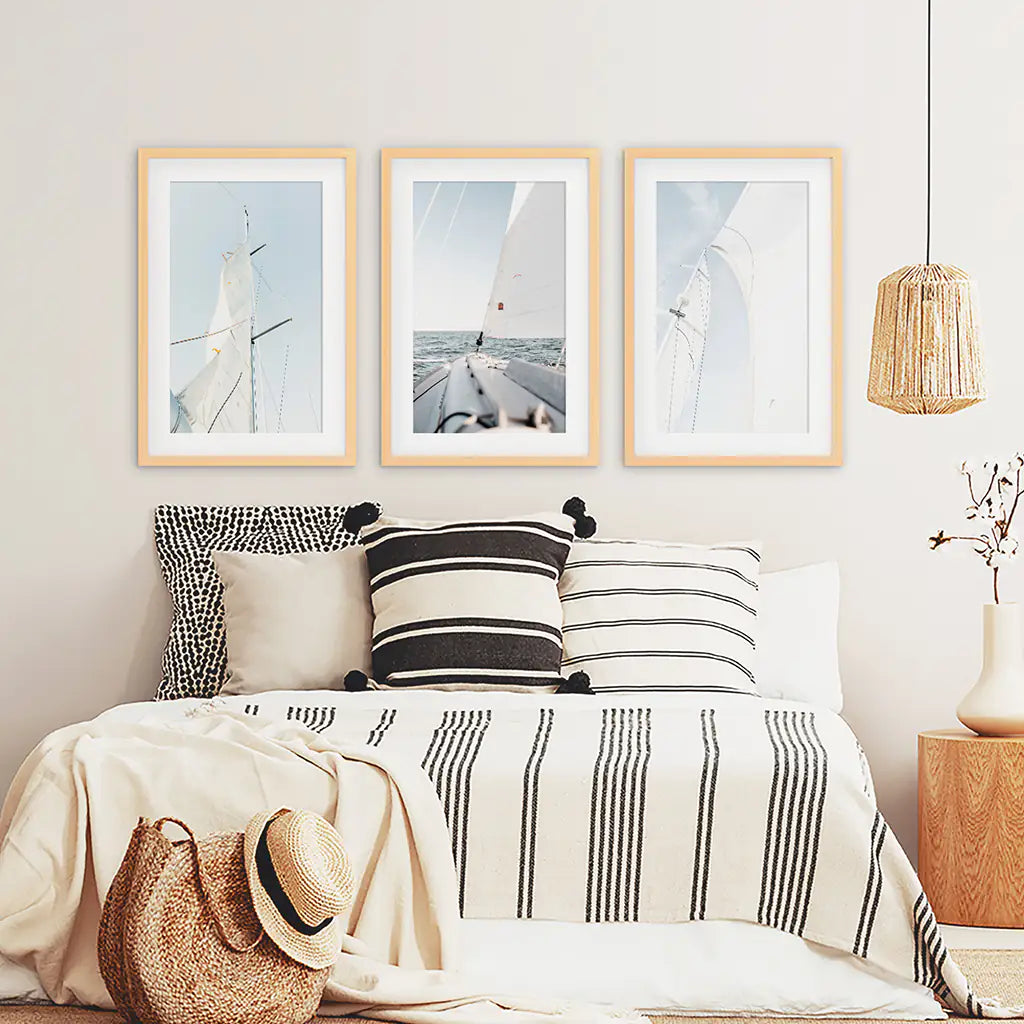 Nautical 3 Pieces Print. Sailing, Yacht. Wood Frames with Mat