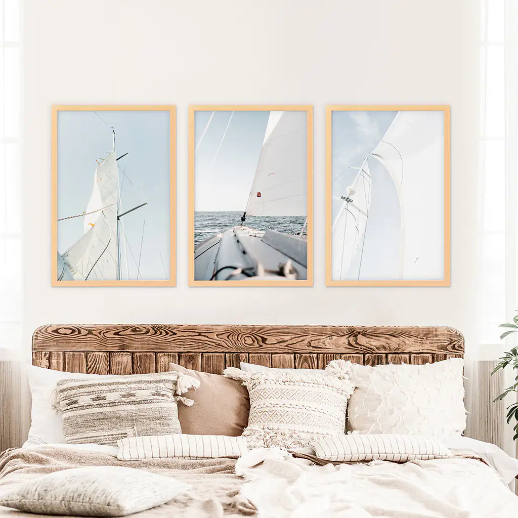 Nautical 3 Pieces Print. Sailing, Yacht. Wood Frames
