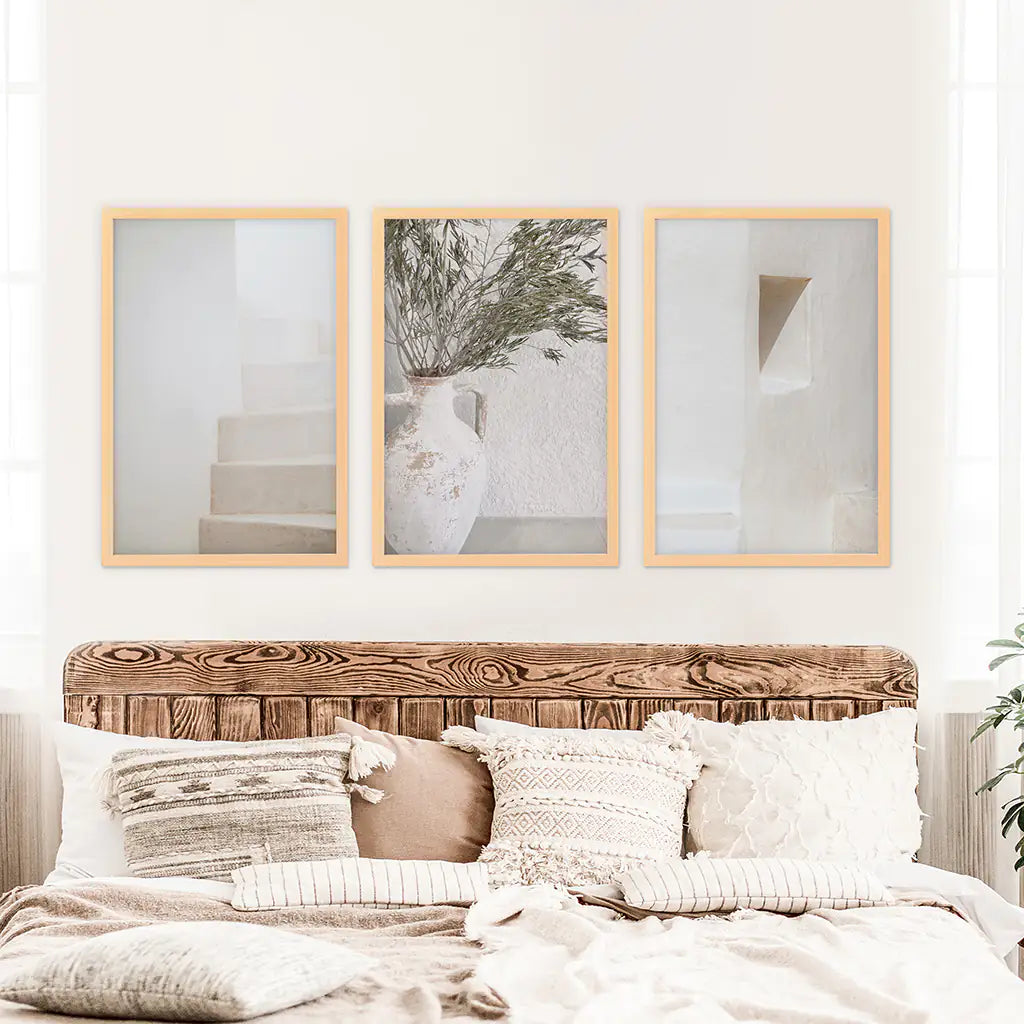 Boho Architectural Set of 3 Pieces. Neutral Tones. Wood Frames
