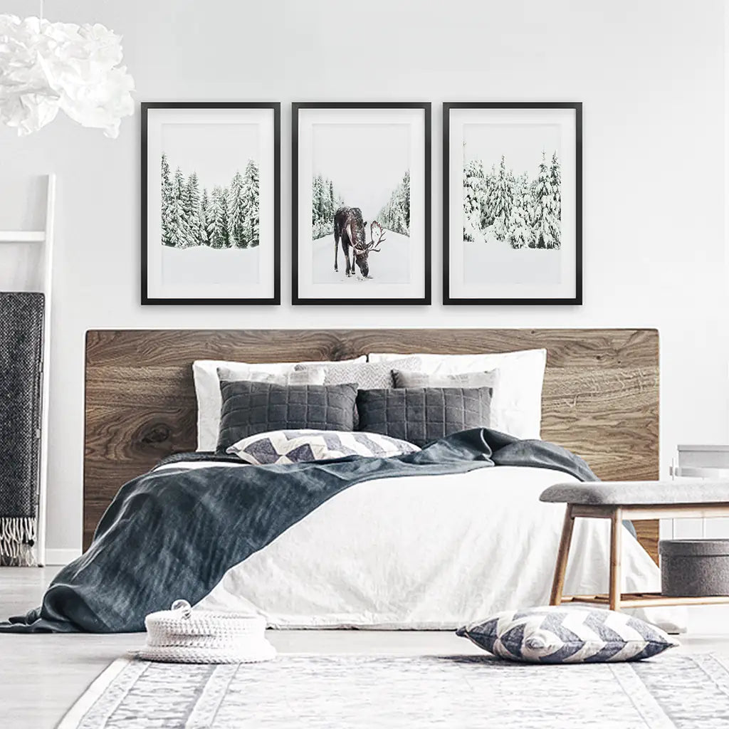 Nordic Winter Wall Art. Snowy Forest and Moose. Black Frames with Mat