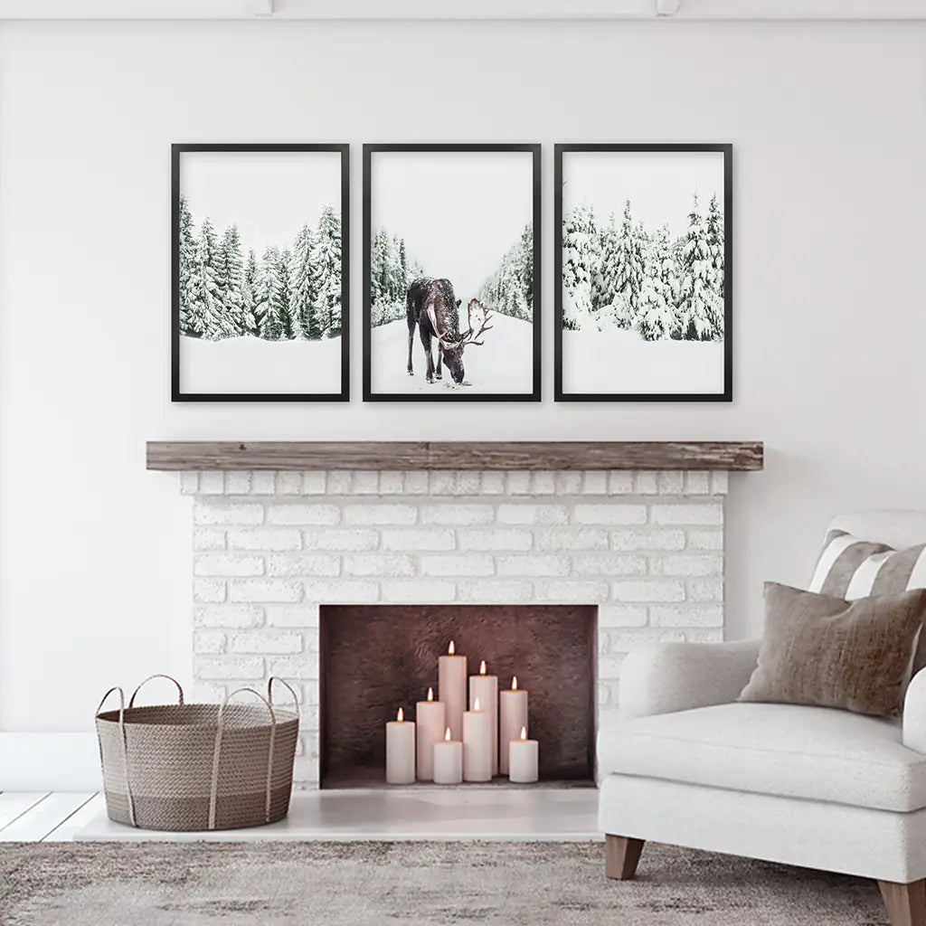 Nordic Winter Wall Art. Snowy Forest and Moose. Black Frames