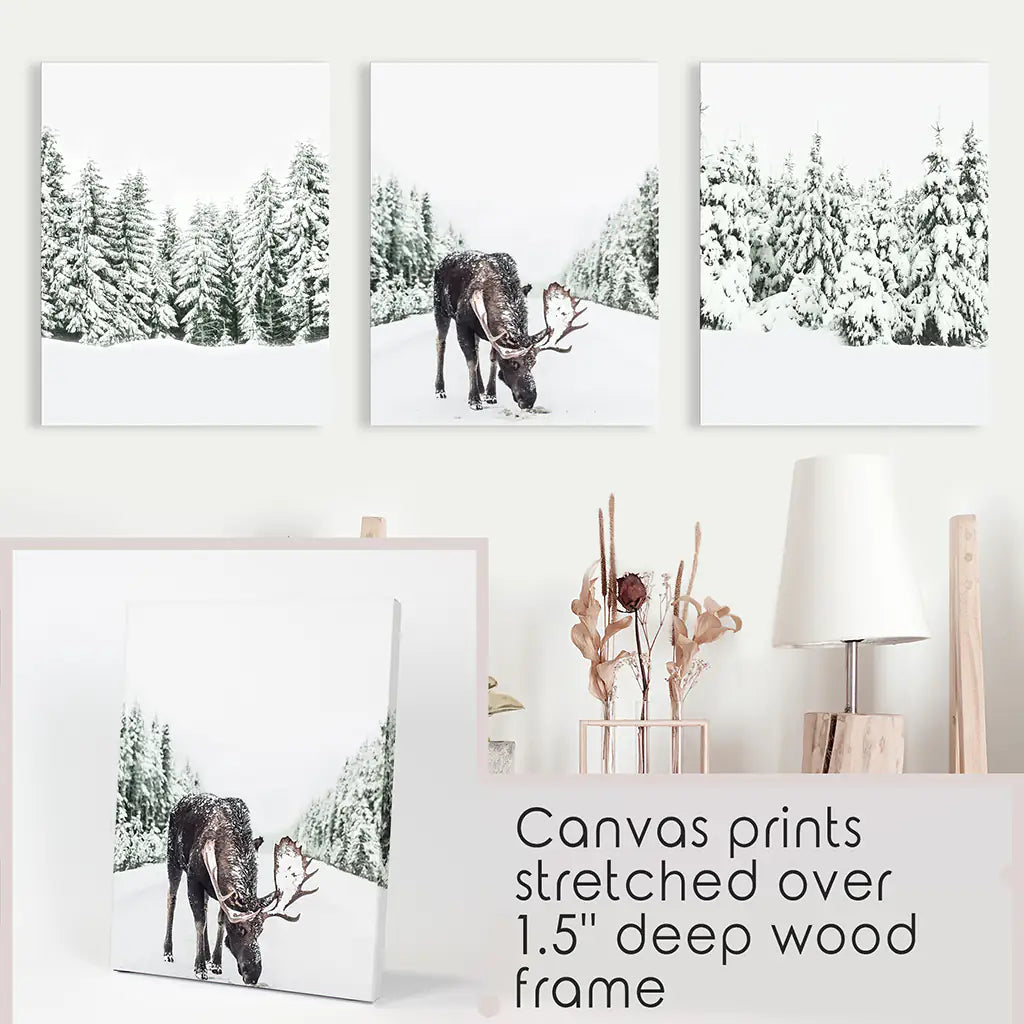 Nordic Winter Wall Art. Snowy Forest and Moose. Canvas Prints