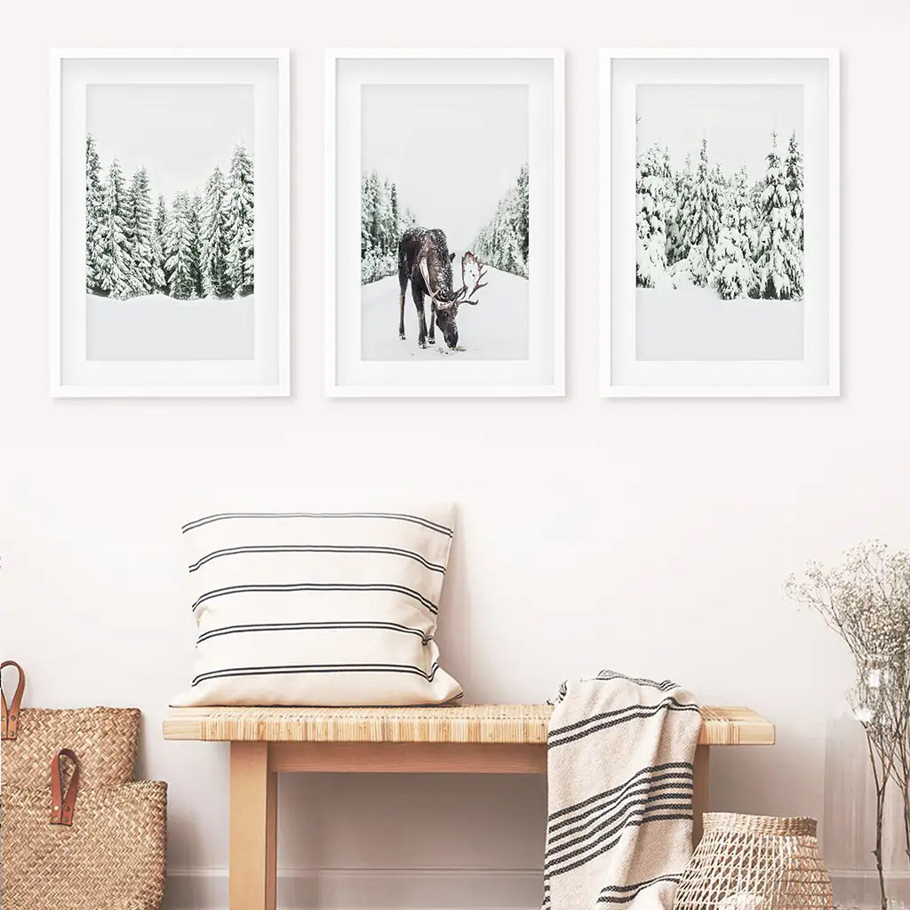Nordic Winter Wall Art. Snowy Forest and Moose. White Frames with Mat