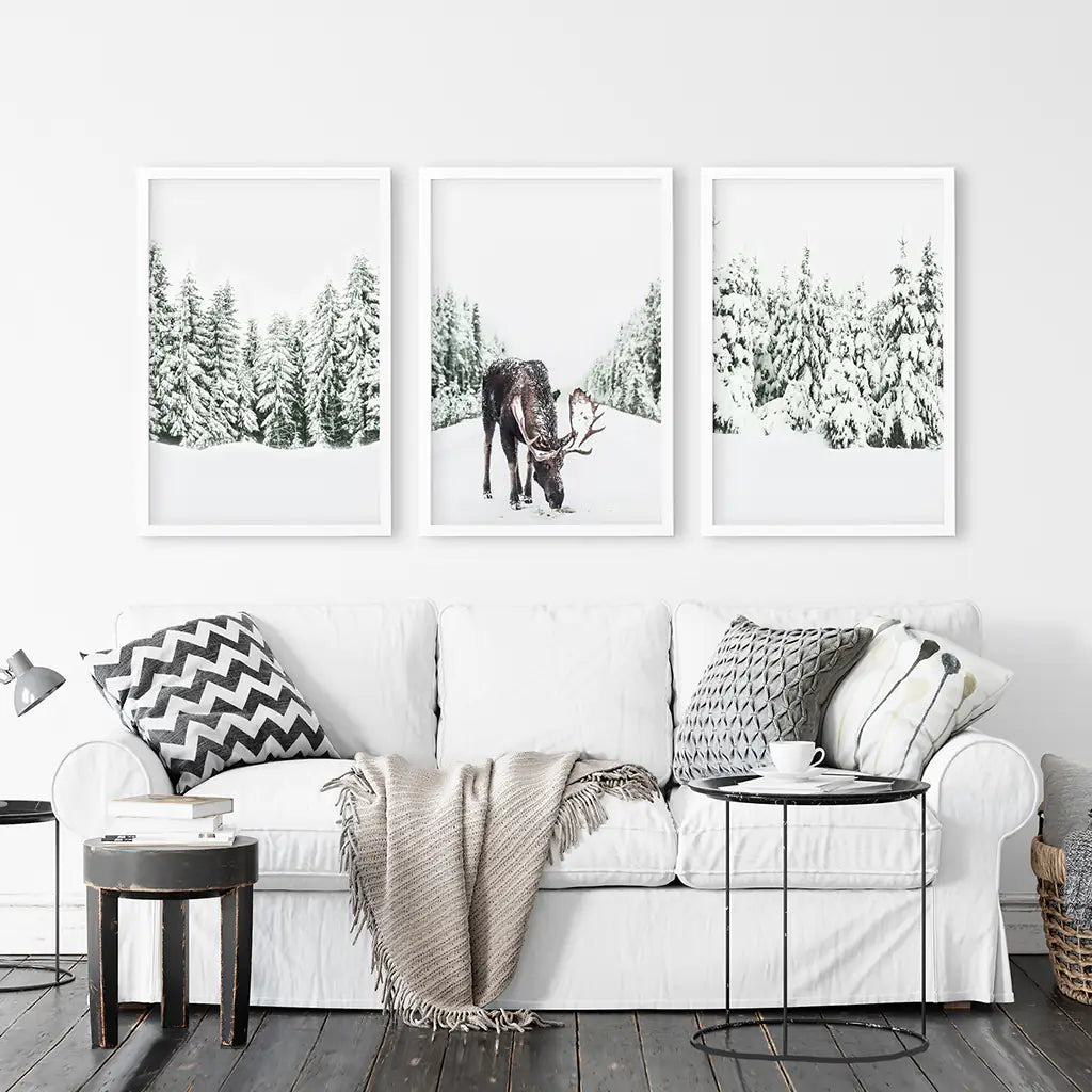 Nordic Winter Wall Art. Snowy Forest and Moose. White Frames