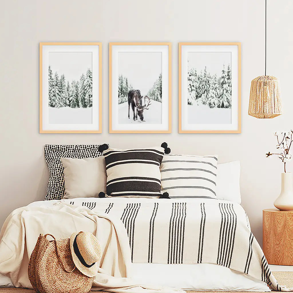Nordic Winter Wall Art. Snowy Forest and Moose. Wood Frames with Mat