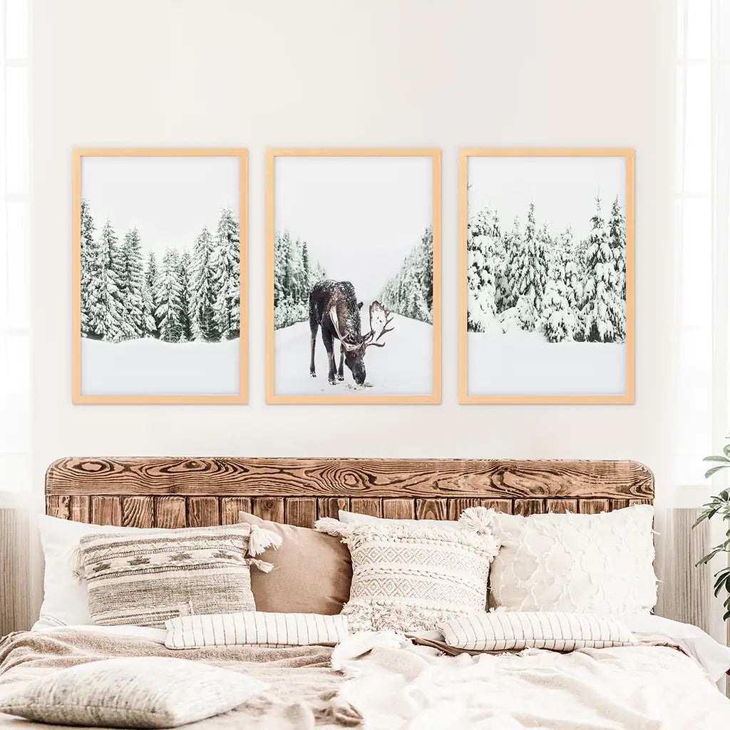 Nordic Winter Wall Art. Snowy Forest and Moose. Wood Frames