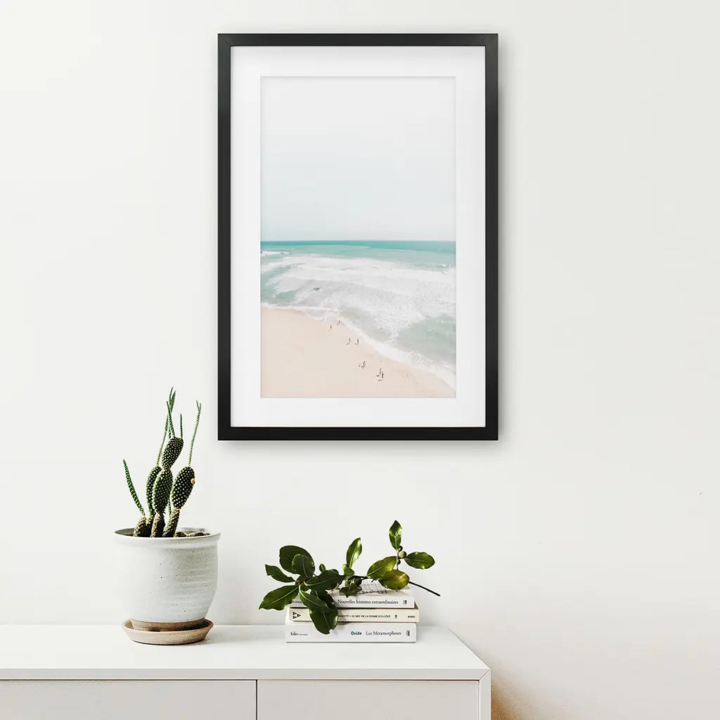 Neutral Summer Photo. Blue Ocean Waves. Black Frame with Mat