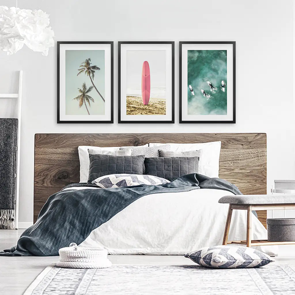 Pastel Beach 3 Piece Set. Surfboard, Palms and Waves. Black Frames with Mat