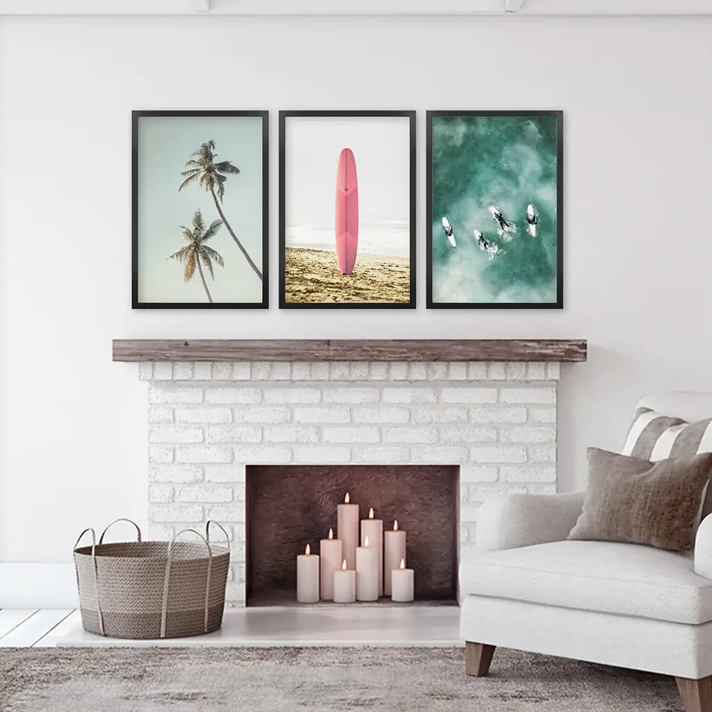 Pastel Beach 3 Piece Set. Surfboard, Palms and Waves. Black Frames