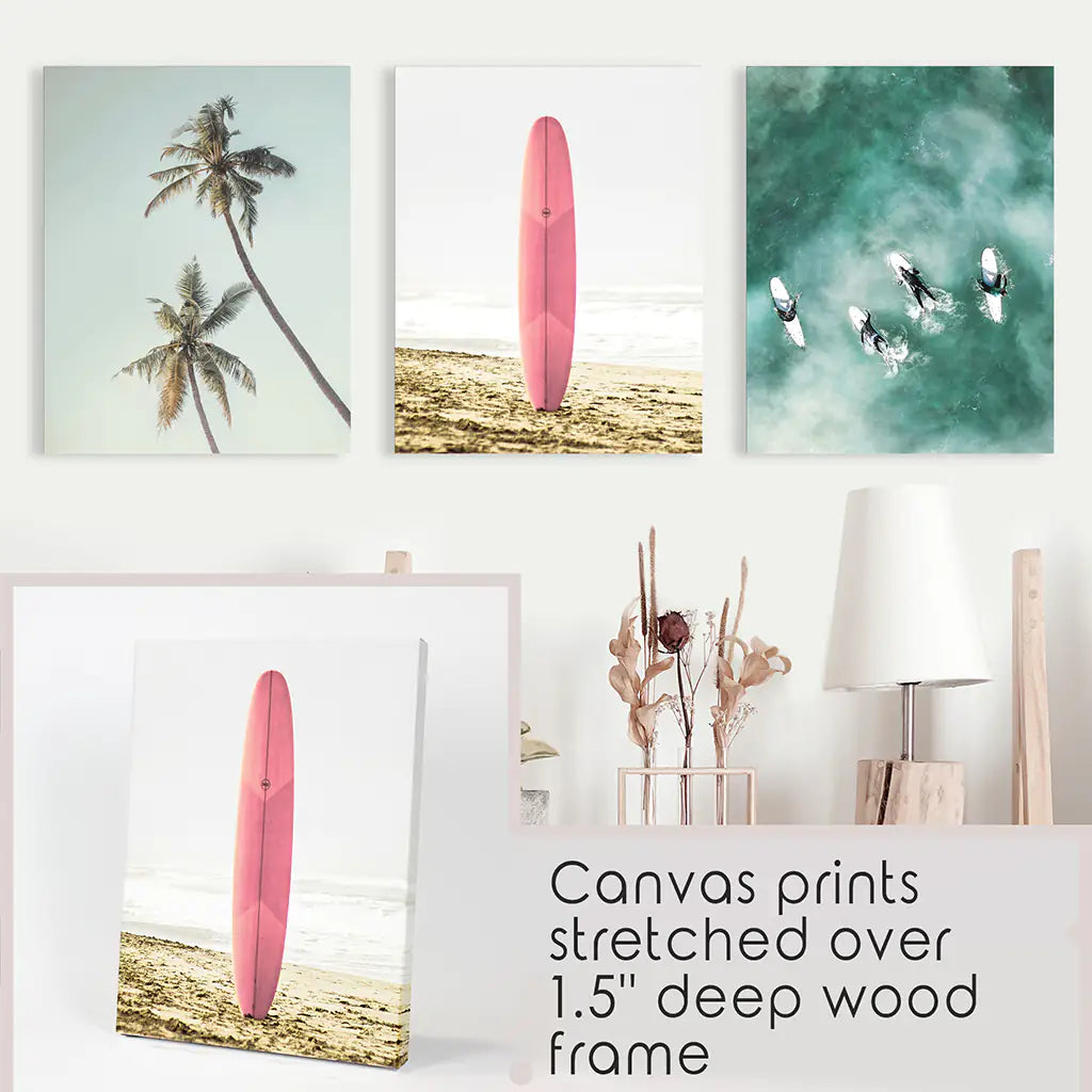 Pastel Beach 3 Piece Set. Surfboard, Palms and Waves. Canvas Prints