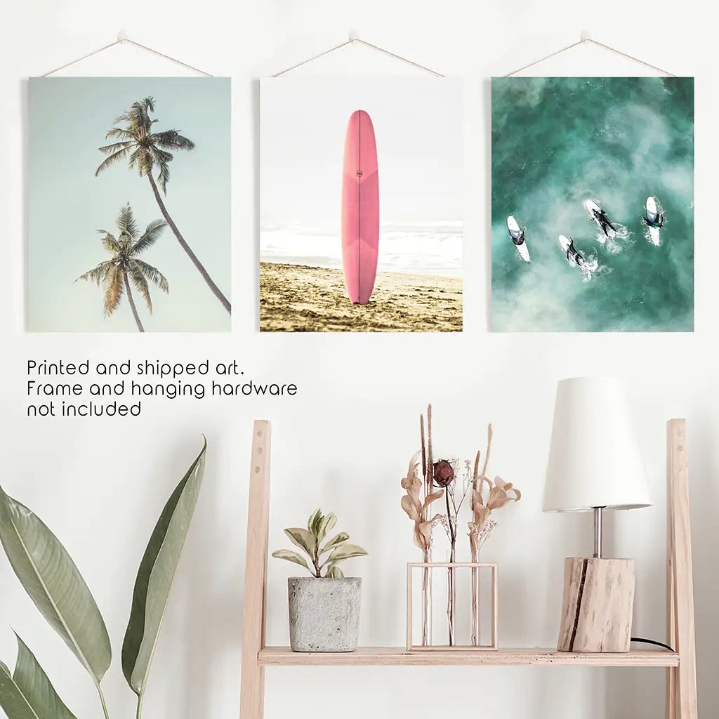 Pastel Beach 3 Piece Set. Surfboard, Palms and Waves. Unframed Prints