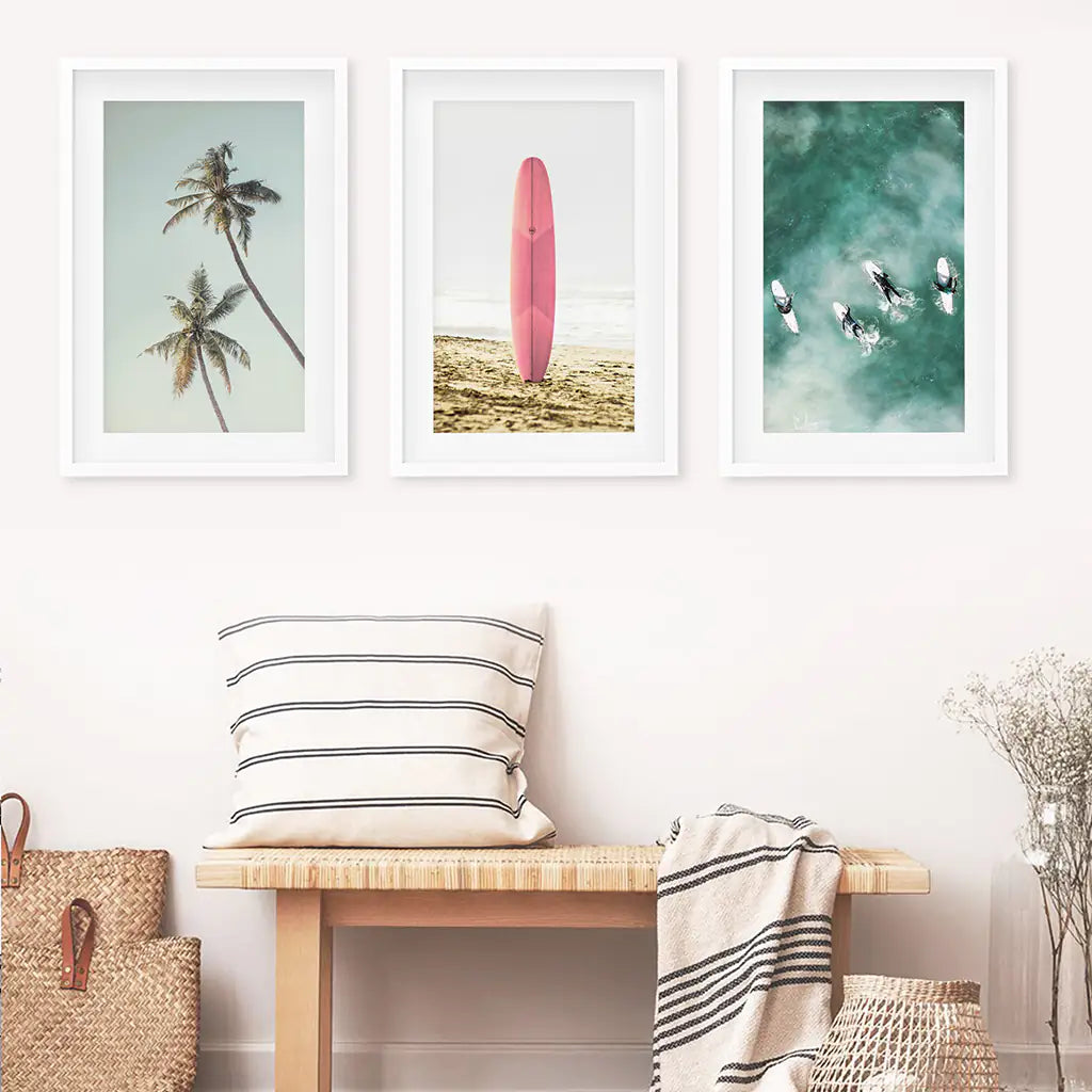 Pastel Beach 3 Piece Set. Surfboard, Palms and Waves. White Frames with Mat