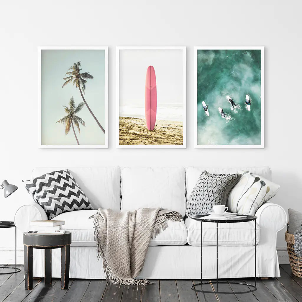 Pastel Beach 3 Piece Set. Surfboard, Palms and Waves. White Frames