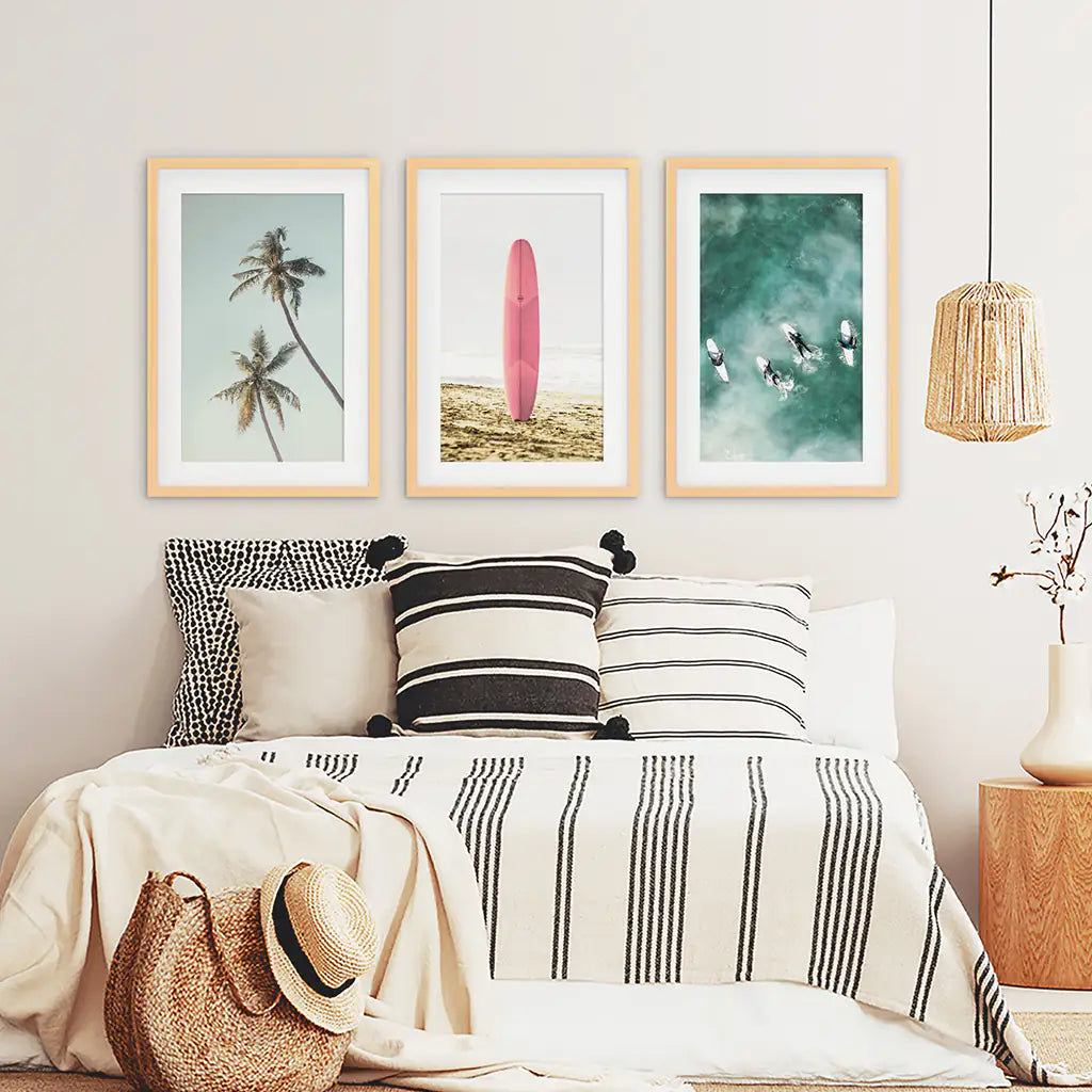Pastel Beach 3 Piece Set. Surfboard, Palms and Waves. Wood Frames with Mat