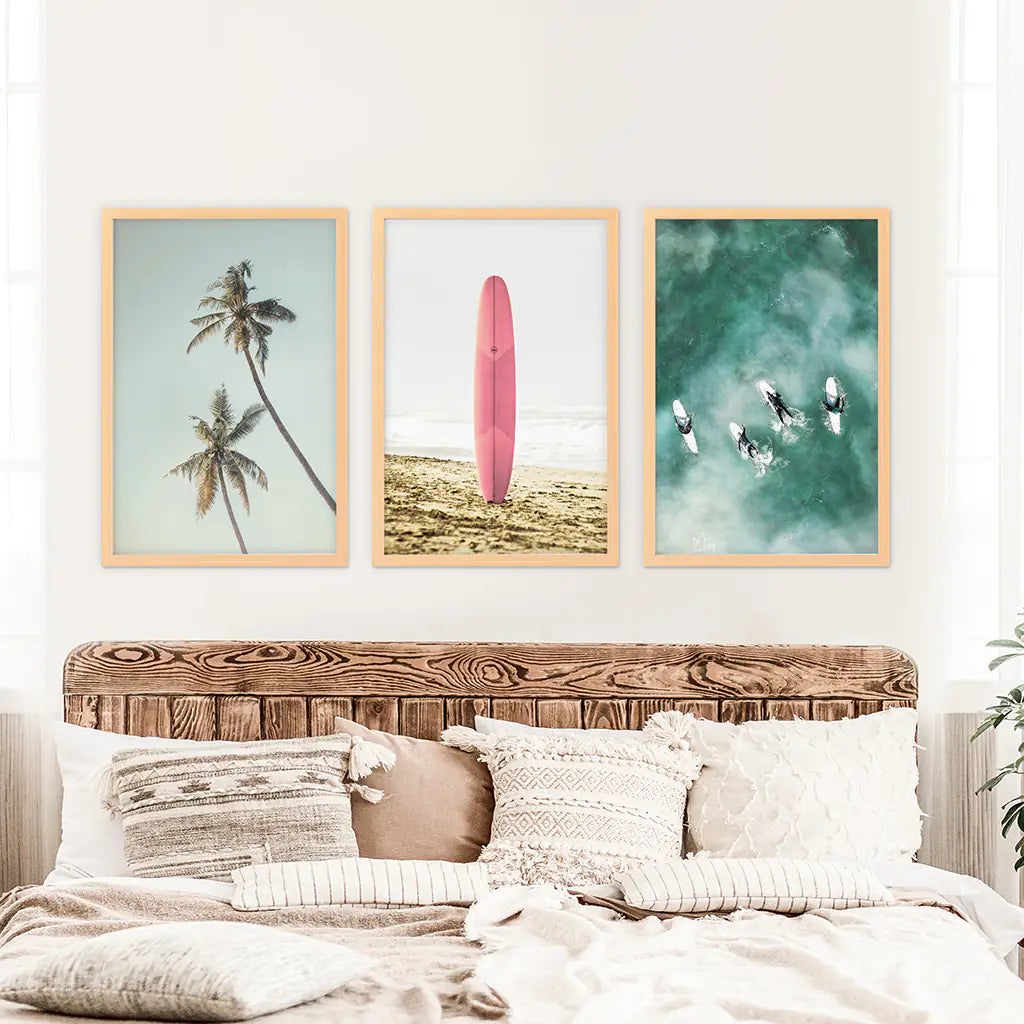 Pastel Beach 3 Piece Set. Surfboard, Palms and Waves. Wood Frames