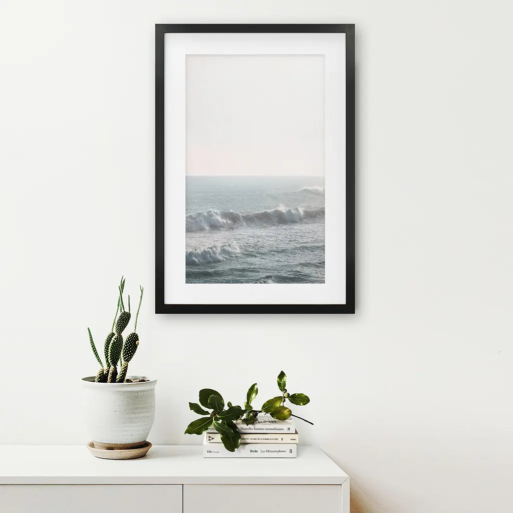 Pastel Blue Ocean Waves Print. Nautical Theme. Black Frame with Mat
