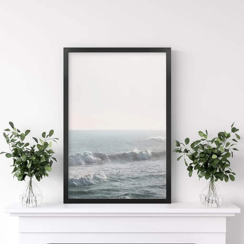 Pastel Blue Ocean Waves Print. Nautical Theme. Black Frame