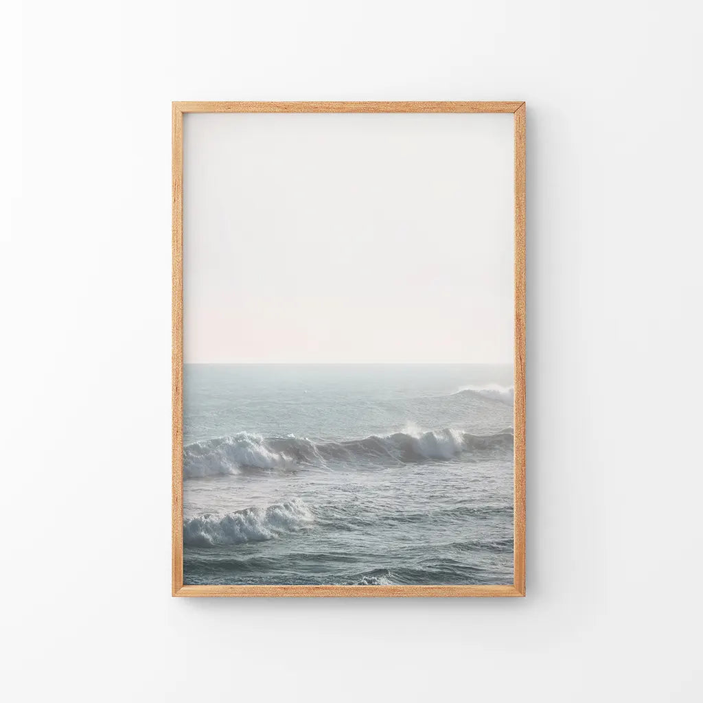 Pastel Blue Ocean Waves Print. Nautical Theme. Thin Wood Frame