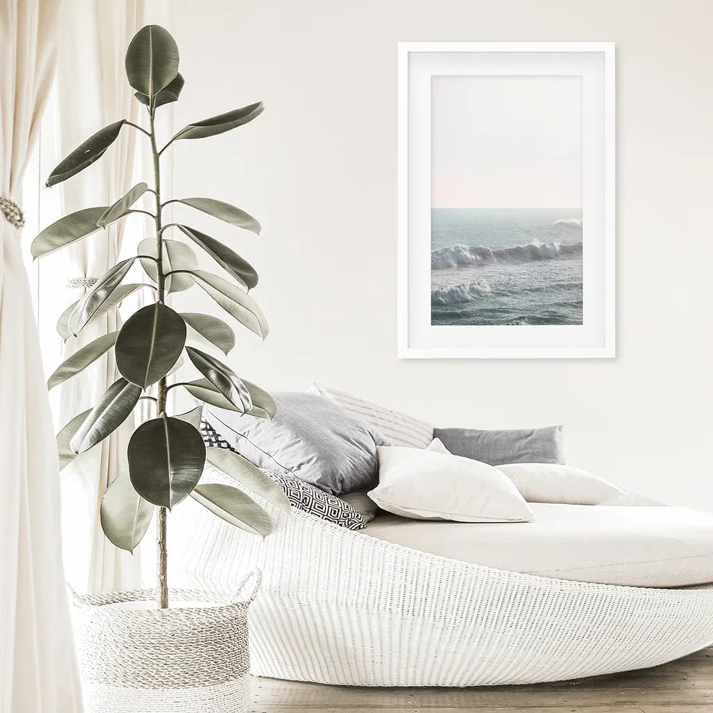 Pastel Blue Ocean Waves Print. Nautical Theme. White Frame with Mat