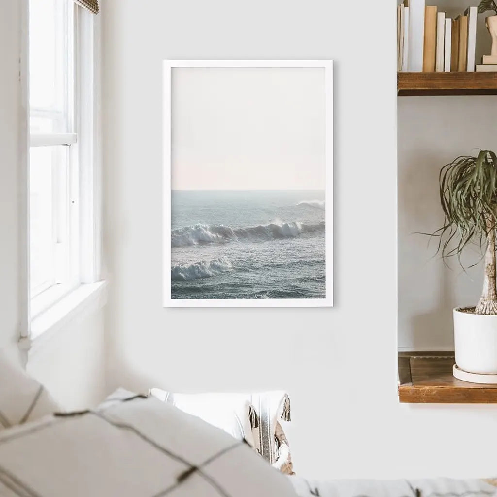 Pastel Blue Ocean Waves Print. Nautical Theme. White Frame
