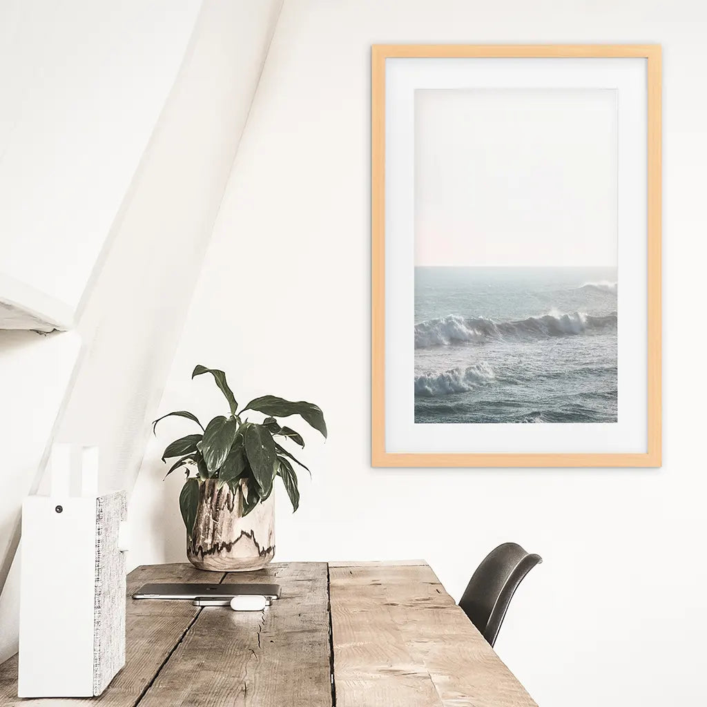 Pastel Blue Ocean Waves Print. Nautical Theme. Wood Frame witn Mat