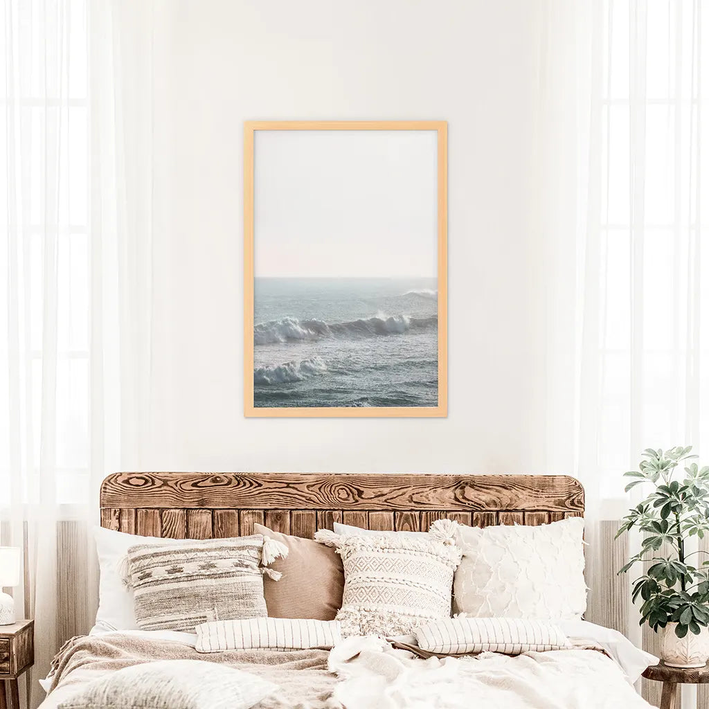 Pastel Blue Ocean Waves Print. Nautical Theme. Wood Frame