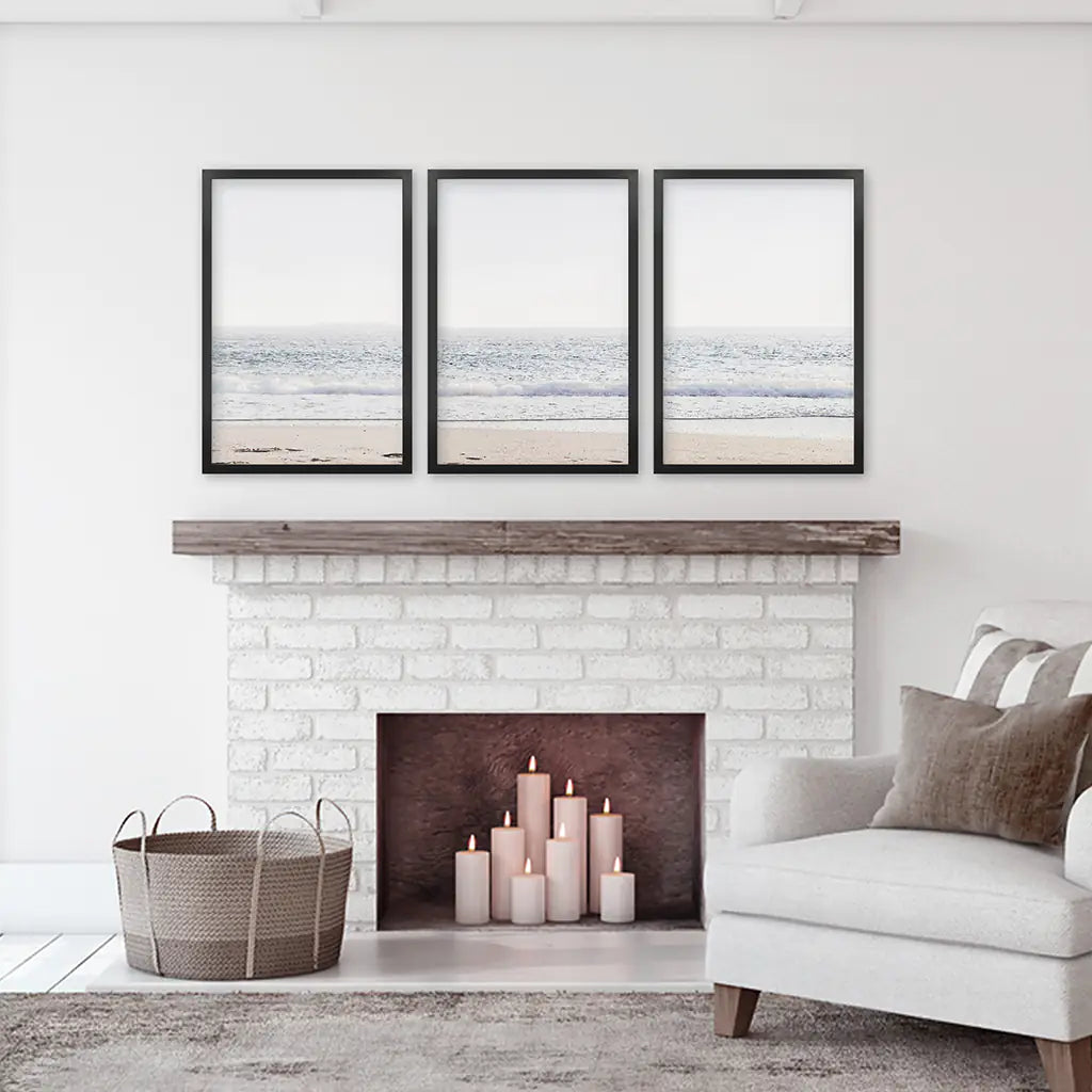 Minimalist Beige Pink Sea Wave Triptych. Sandy Beach Closeup. Black Frames