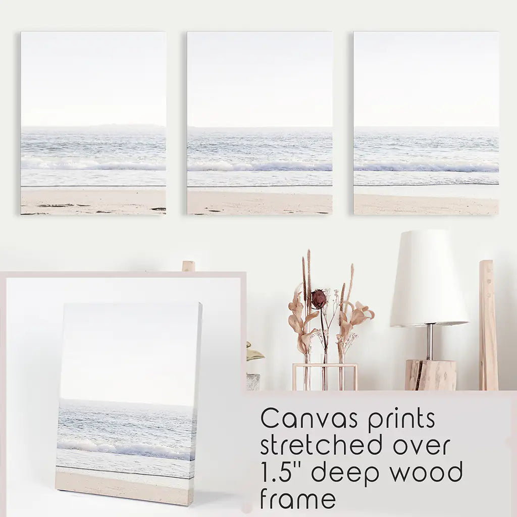 Minimalist Beige Pink Sea Wave Triptych. Sandy Beach Closeup. Wrapped Canvas
