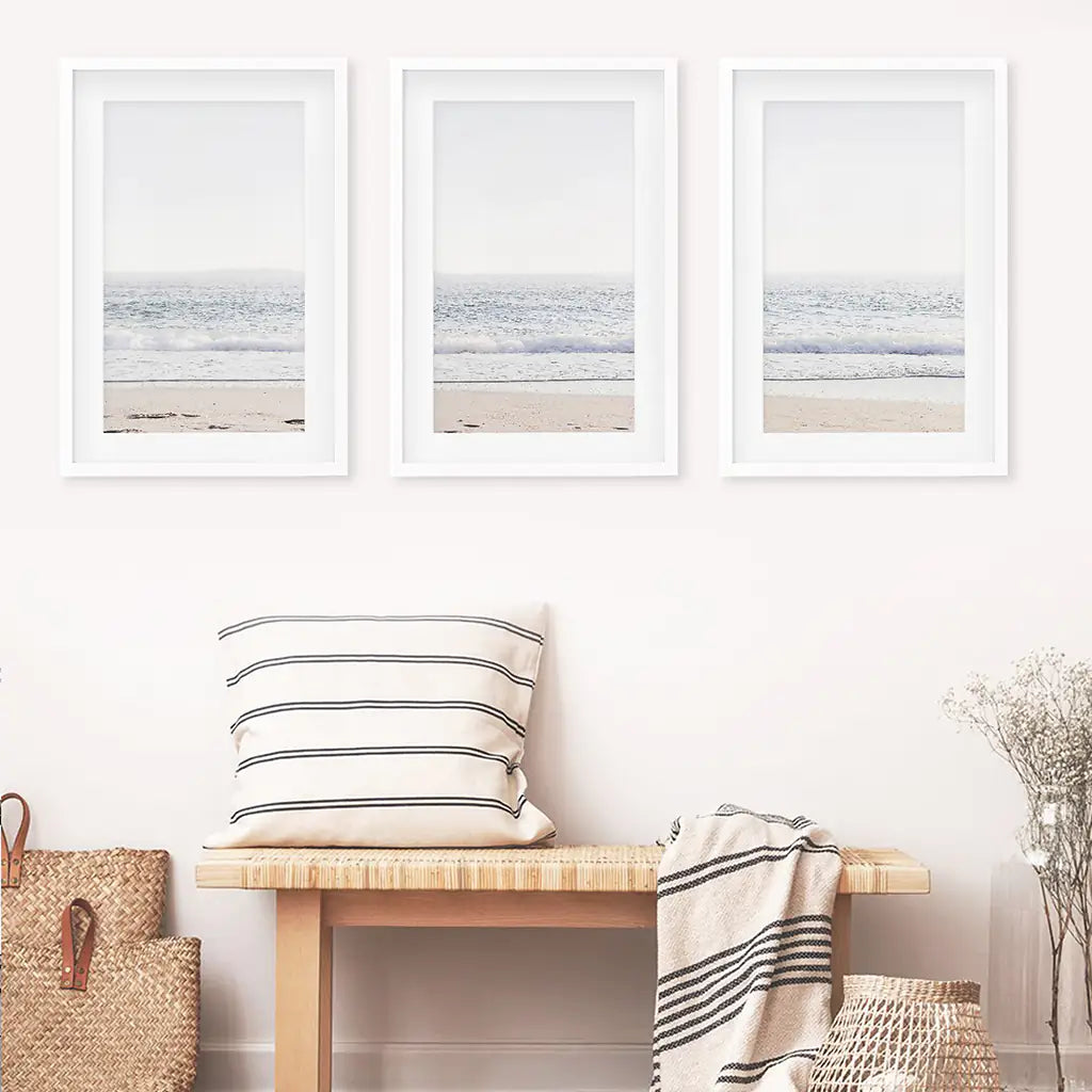 Minimalist Beige Pink Sea Wave Triptych. Sandy Beach Closeup. White Frames with Mat