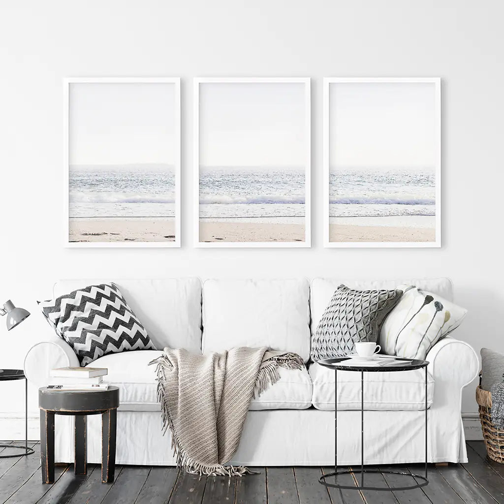 Minimalist Beige Pink Sea Wave Triptych. Sandy Beach Closeup. White Frames