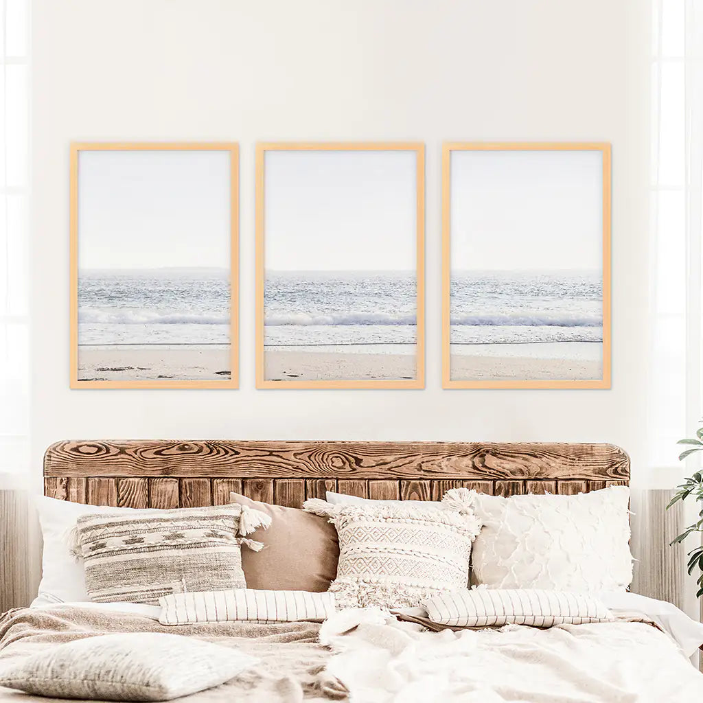 Minimalist Beige Pink Sea Wave Triptych. Sandy Beach Closeup. Wood Frames