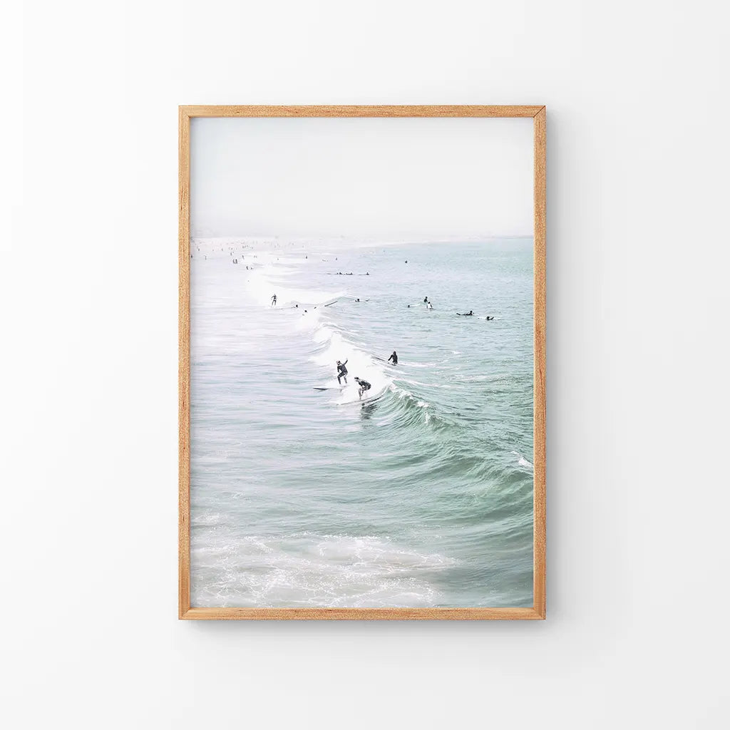 Pastel Miami Beach Print. Surfers and Ocean Waves. Thin Wood Frame
