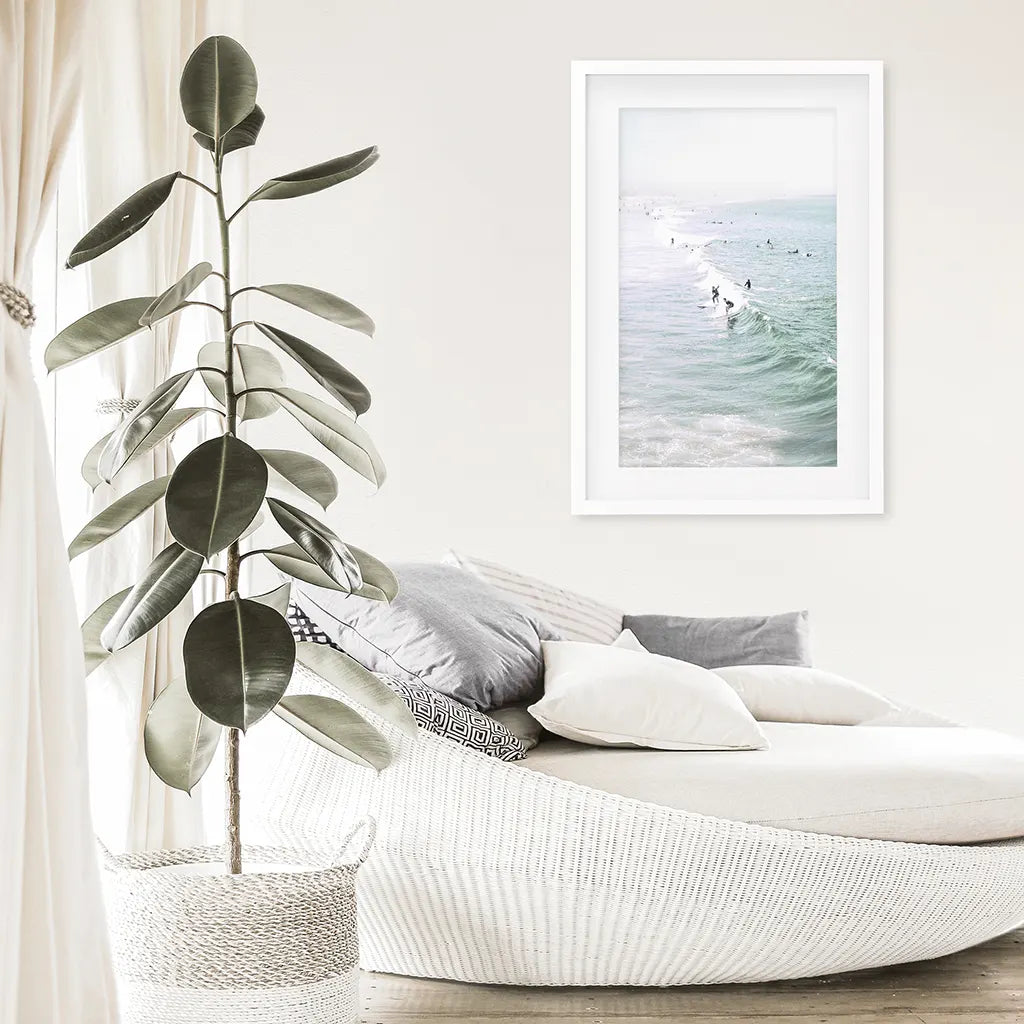 Pastel Miami Beach Print. Surfers and Ocean Waves. White Frame with Mat