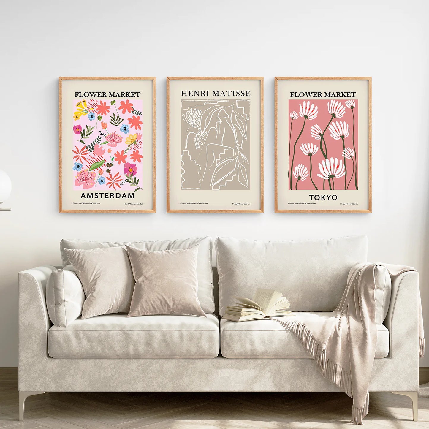 3 Piece Pink and Beige Flower Market Poster Set. Thin Wood Frame. Living Room