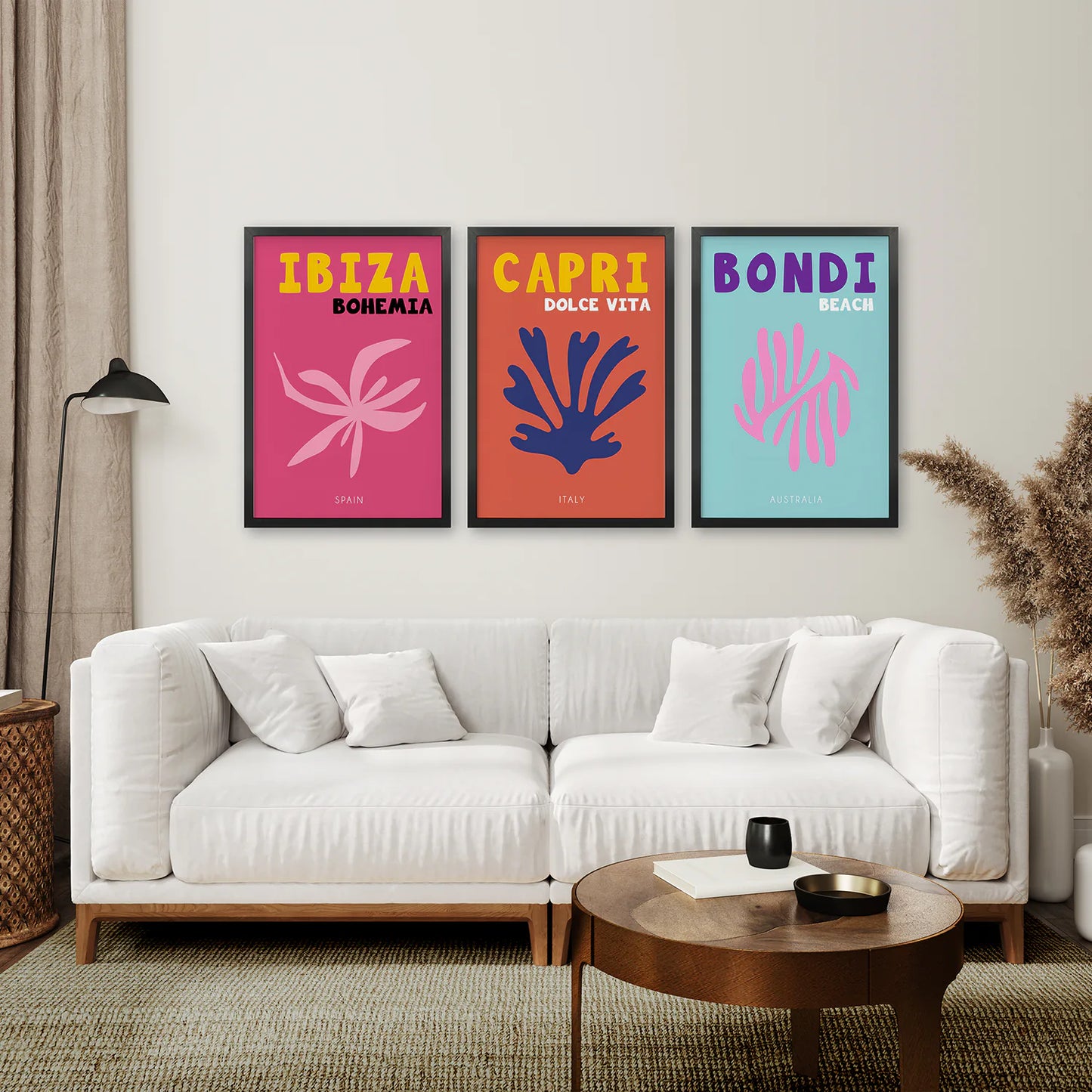3 Piece Trendy Travel Theme Wall Art Set. Italy, Australia, Spain. Black Frame. Living Room