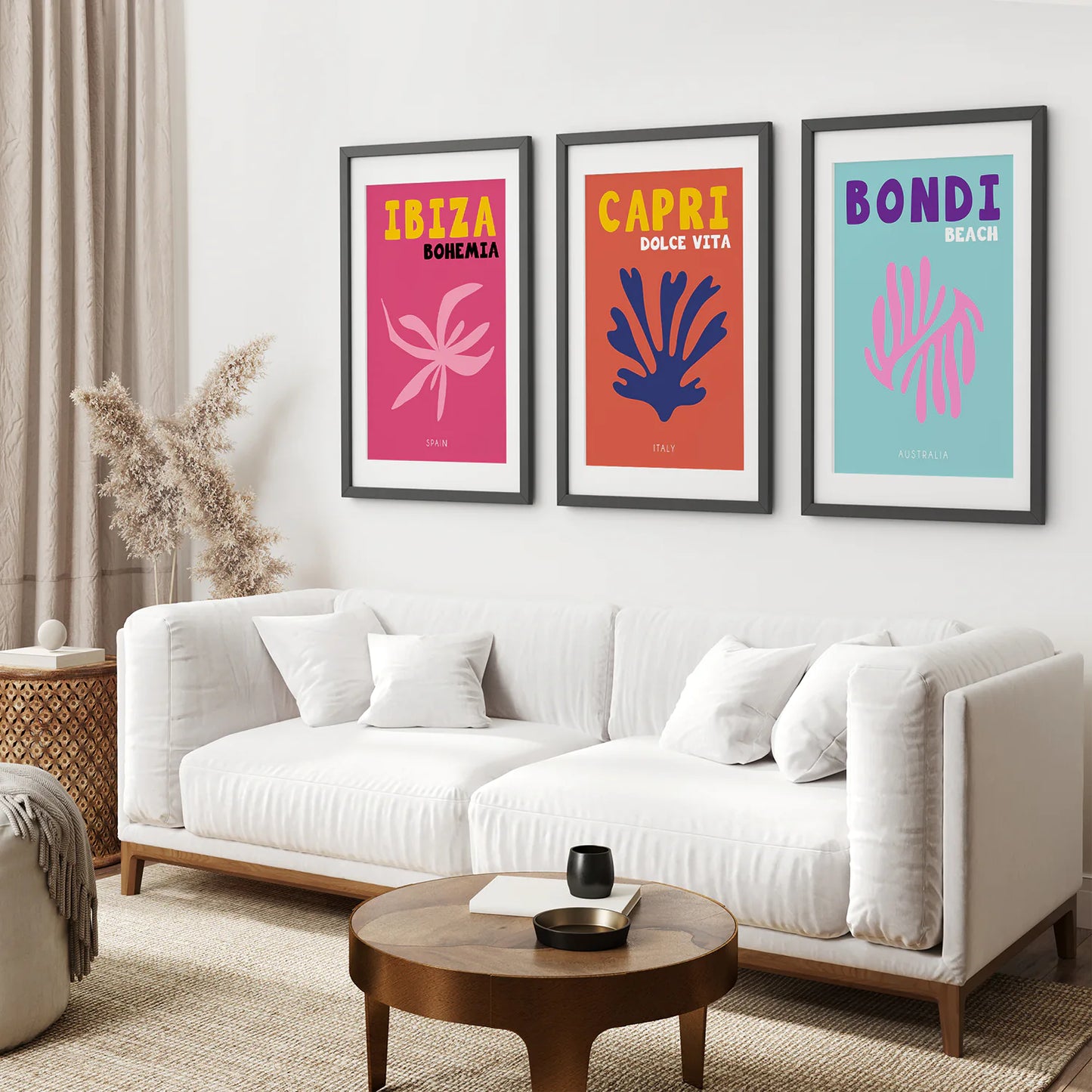 3 Piece Trendy Travel Theme Wall Art Set. Italy, Australia, Spain. Black Frame with Mat. Living Room