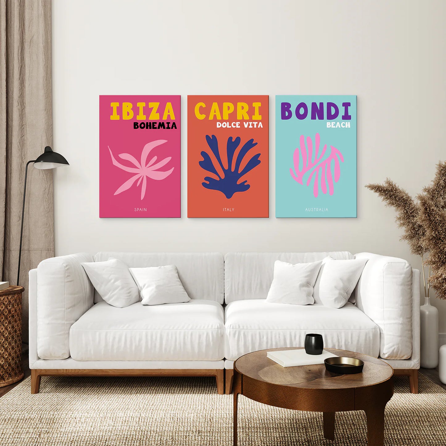 3 Piece Trendy Travel Theme Wall Art Set. Italy, Australia, Spain. Canvas Print. Living Room