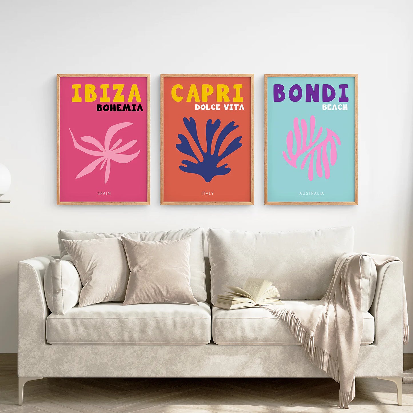 3 Piece Trendy Travel Theme Wall Art Set. Italy, Australia, Spain. Thinwood Frame. Living Room
