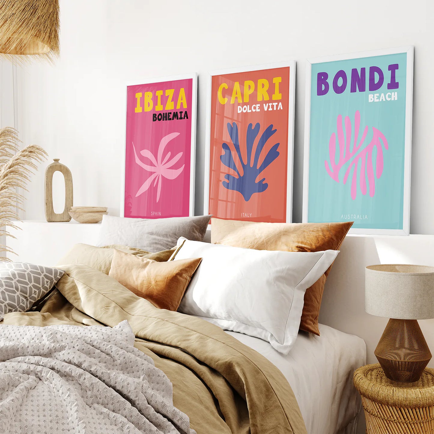 3 Piece Trendy Travel Theme Wall Art Set. Italy, Australia, Spain. White Frame. Bedroom