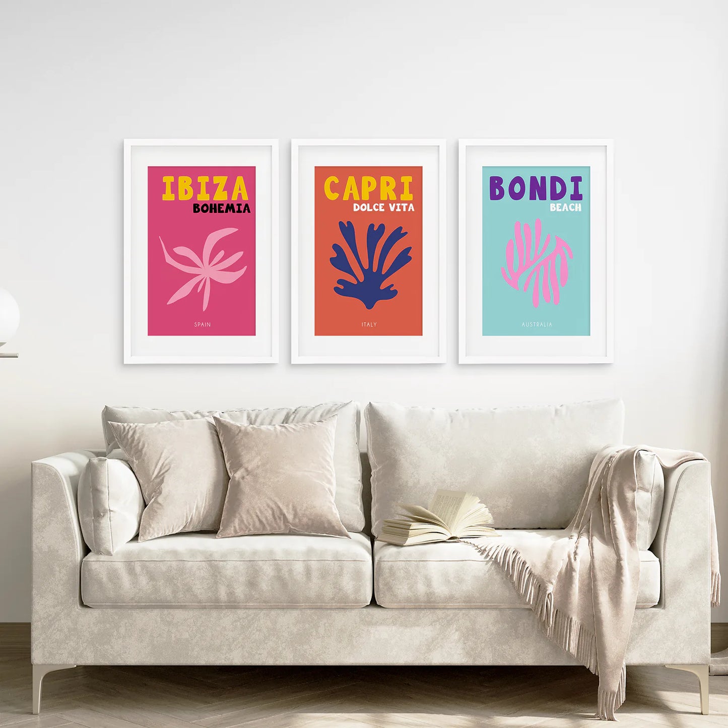 3 Piece Trendy Travel Theme Wall Art Set. Italy, Australia, Spain. White Frame with Mat. Living Room