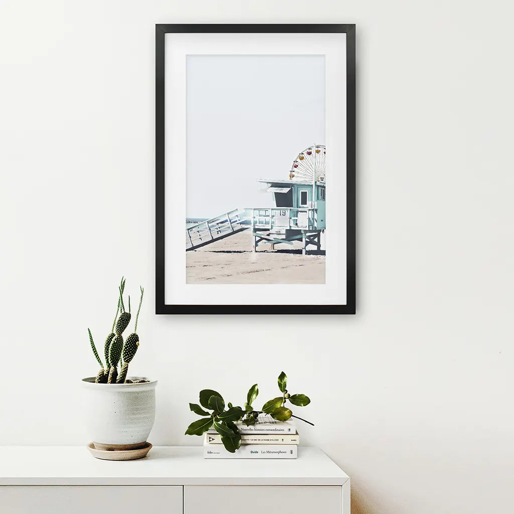 Santa Monica Beach Wall Decor. Ferris Wheel, Lifeguard Hut. Black Frame with Mat