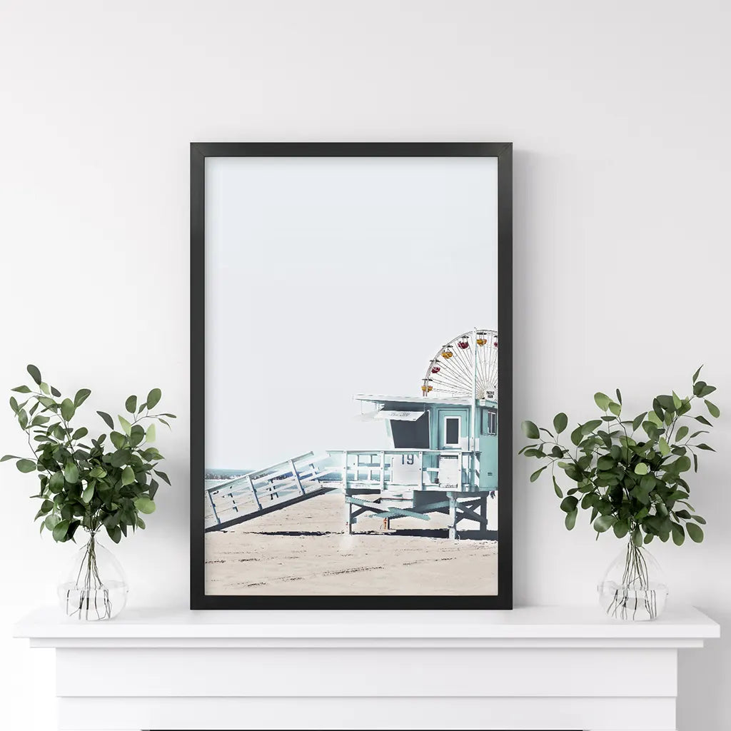 Santa Monica Beach Wall Decor. Ferris Wheel, Lifeguard Hut. Black Frame