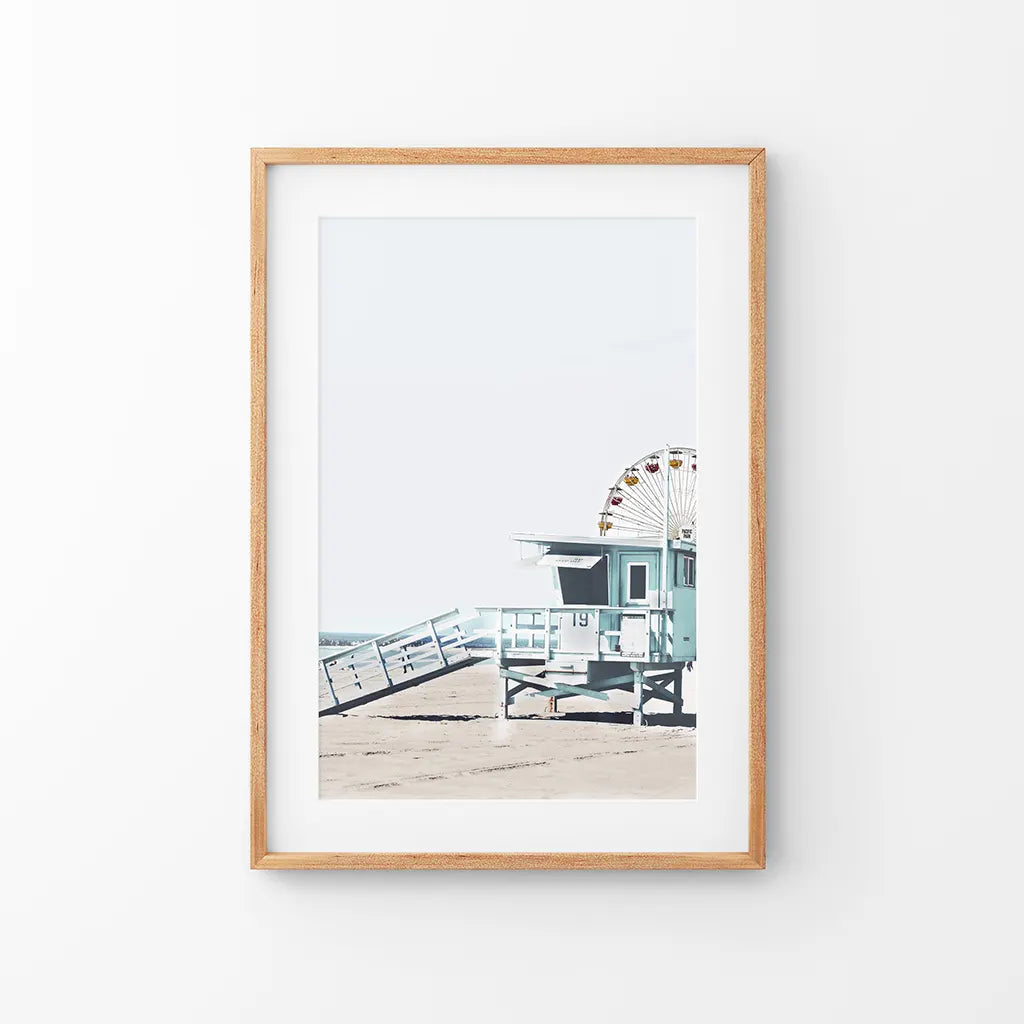 Santa Monica Beach Wall Decor. Ferris Wheel, Lifeguard Hut. Thin Wood Frame with Mat