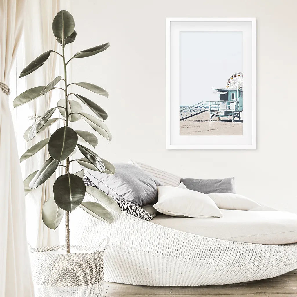 Santa Monica Beach Wall Decor. Ferris Wheel, Lifeguard Hut. White Frame with Mat