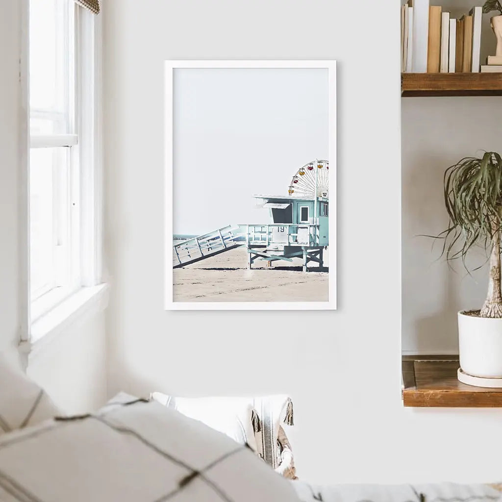 Santa Monica Beach Wall Decor. Ferris Wheel, Lifeguard Hut. White Frame