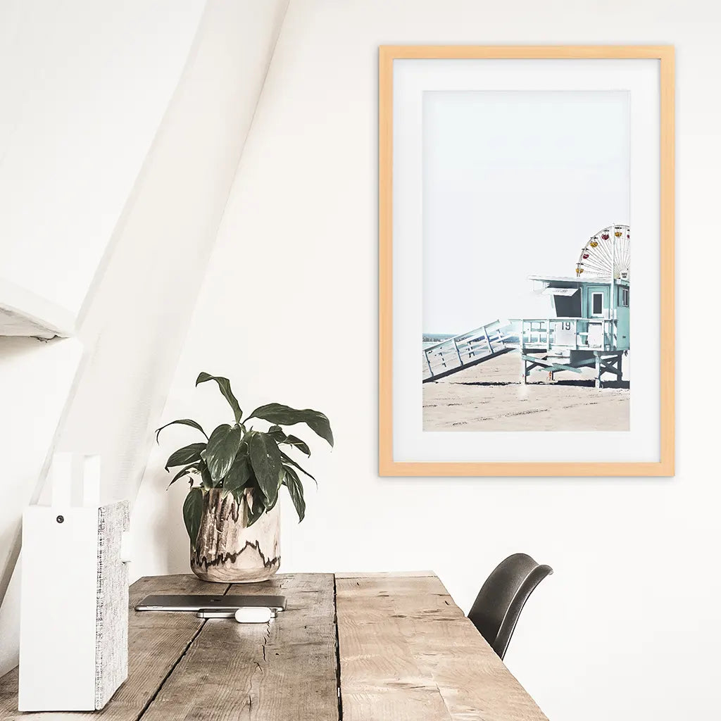 Santa Monica Beach Wall Decor. Ferris Wheel, Lifeguard Hut. Wood Frame with Mat
